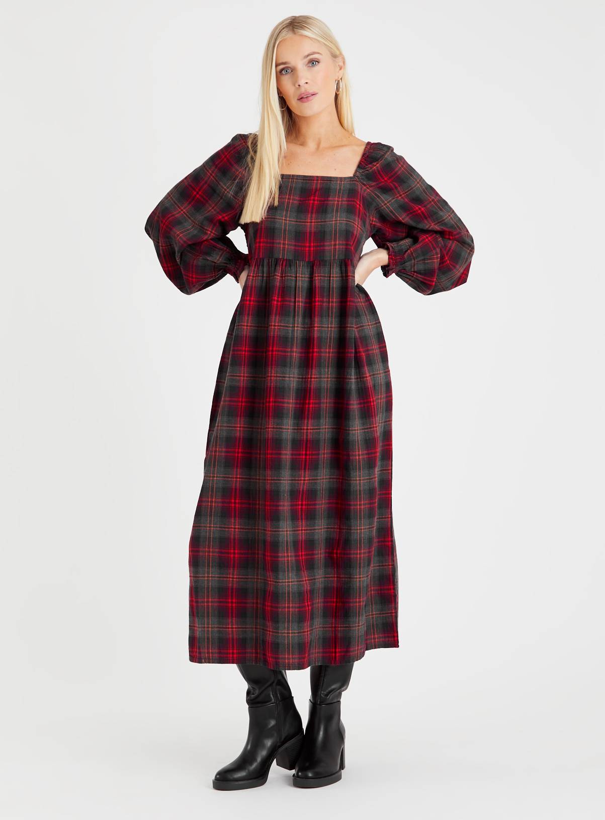Red Check Puff Sleeve Midi Dress 16 - Image 1